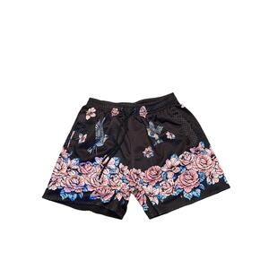 YoungLA Shorts Mens M Black Block Party Pullon Gym Mesh Floral Hummingbirds 283